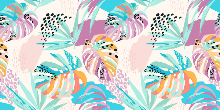 Abstract art seamless pattern with tropical leaves. Modern exotic design