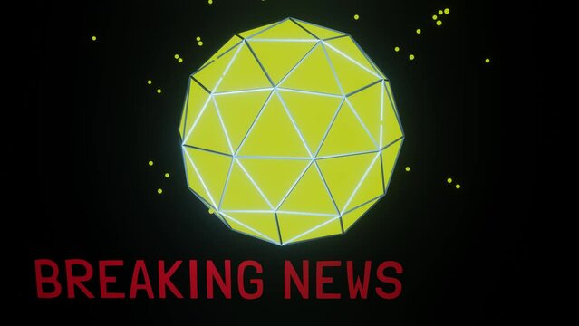 Rotating radiant sphere composed of triangles emits light particles, The letters Breaking news fall gradually from above, the inscription repeatedly scrolls to the right