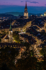 Fototapeta na wymiar blue hour image of the Old Town section of Bern, Switzerland