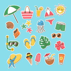 Beach and summer sticker collection. Hand-drawn isolated elements with white border. Vector illustration.