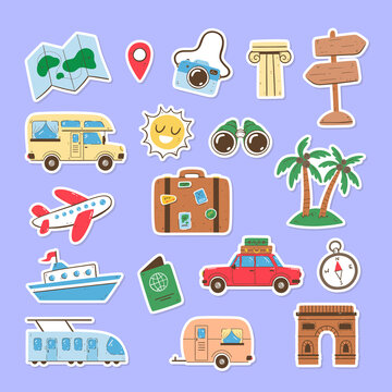 Travel and summer holidays sticker collection. Hand-drawn isolated elements with a white border. Vector illustration.