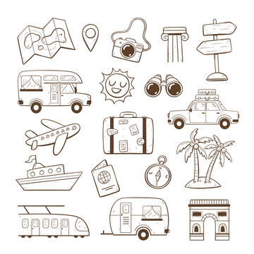 Travel and vacation clipart collection. Cute doodle elements isolated on white background. Vector illustration.