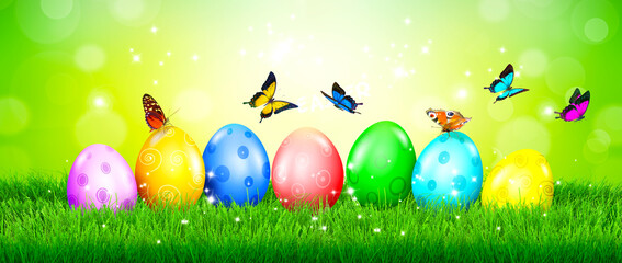 Beautiful Easter background with colorful Easter eggs. 3d illustration