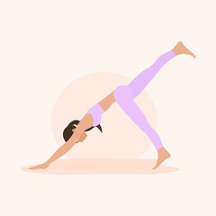 Woman practices yoga in a downward dog pose. . Doing yoga at home. Relaxation and stretching. Vector illustration.