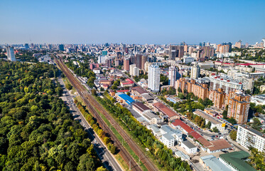Fototapeta premium Aerial view of Pechersk district in Kyiv, the capital of Ukraine before the war with Russia
