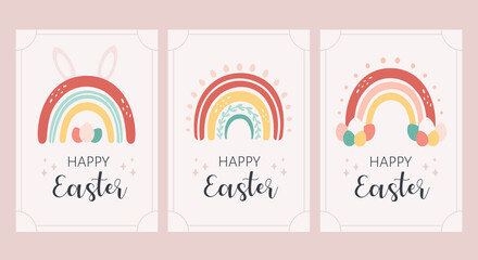 Happy Easter greeting cards with Easter abstract rainbow. Hand drawn vector illustration © Amahce