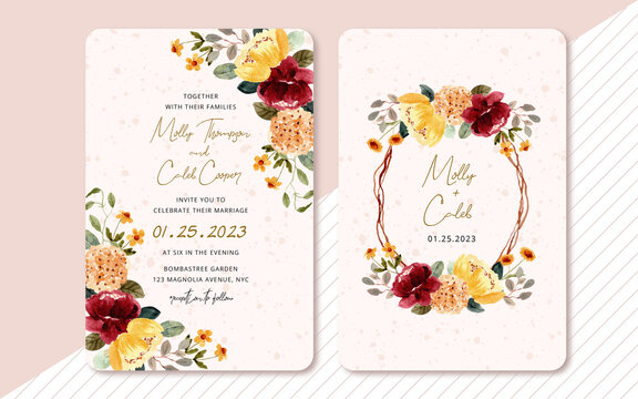 yellow red rustic watercolor floral wedding invitation