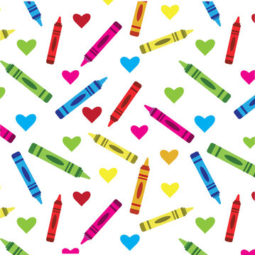 Cute Crayons seamless pattern in red, orange, yellow, pink, green and blue with hearts in different colors. vectors. For back to school, posters, textile, gifts and wrapping papers

