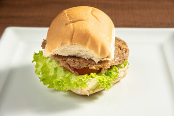 Vegan food, Vegan burger and sauces on a white plate, over wood, selective focus.