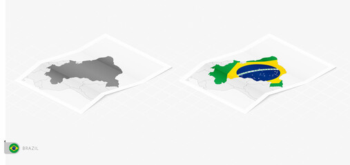 Set of two realistic map of Brazil with shadow. The flag and map of Brazil in isometric style.
