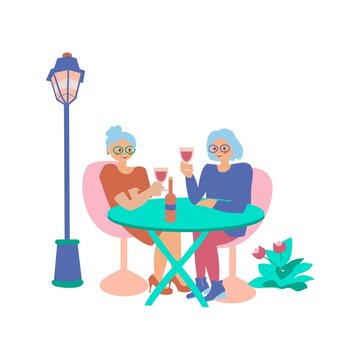 Two old women sitting at street cafe or restaurant tables talking to each other, drinking wine Flat illustration on white background