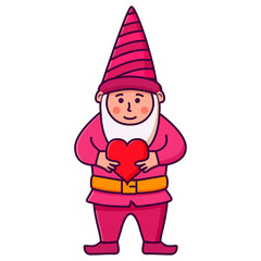 Character cute gnome hold red heart for Valentine day greeting card.Line art vector illustration. Isolated on white background.