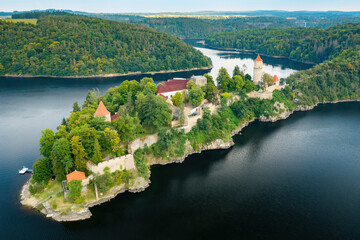 Panoramic view of Zvikov Castle on the hill with trees surrounded by river Vltava and Otava in...