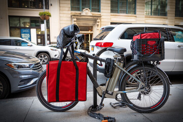 Electric food delivery bicycle locked to bike stand in Manhattan, New York City.