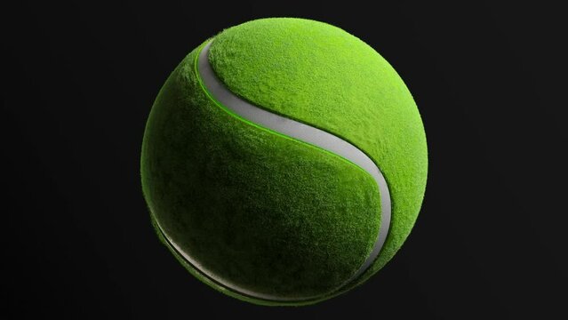 Photorealistic animation of a green tennis ball isolated on a black background slowly spinning around itself. Alpha channel, 3D motion graphics 4K