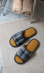 slippers standing on the mat in the bathroom
