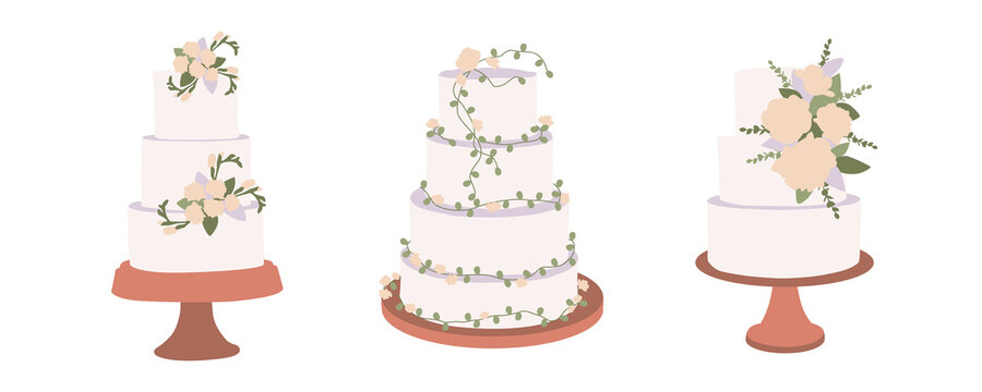 Set of modern wedding cake with flowers and leaves, botanical decoration. Contemporary birthday delicious confectionery. Boho bridal wedding arrangements decor. Hand drawn flat vector illustration