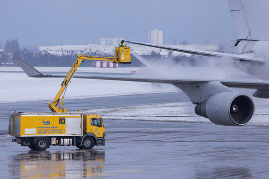 Anti-icing in progress at a Boeing 747 at airport Graz in Austria