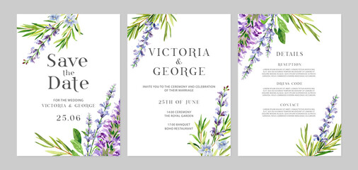 Fototapeta na wymiar Watercolor hand painted botanical salvia branches and flowers. Watercolor illustrations isolated on white background, premade wedding invitation, save the date frame template 
