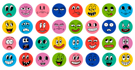 Set of cartoon comic funny faces in retro style with different expressions of emotions. Abstract round icons of heads of emotional characters. Emoji people animation in 20s 30s style. vector