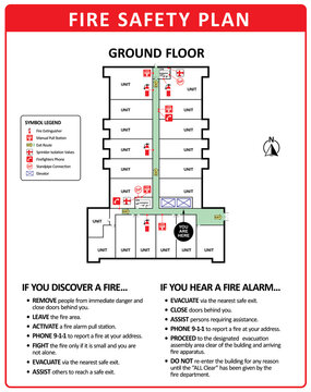 Fire emergency plan of building ground floor. Also known as emergency plan or egress plan. Detailed text instruction of procedures and emergency equipment locations for residents and fire department.