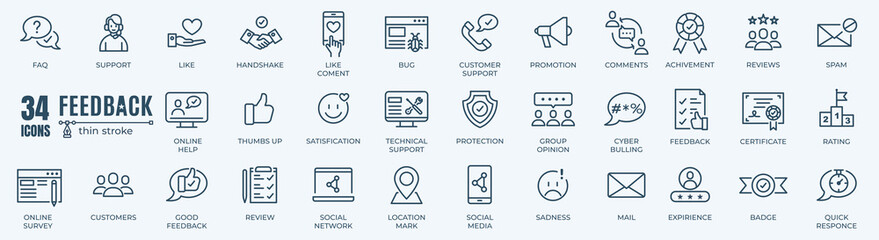 Feedback and survey elements editable stroke pictogram and minimal thin line web icon set. Outline icons collection. Simple vector illustration - obrazy, fototapety, plakaty