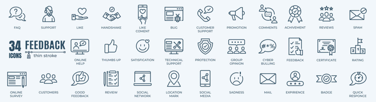 Feedback and survey elements editable stroke pictogram and minimal thin line web icon set. Outline icons collection. Simple vector illustration