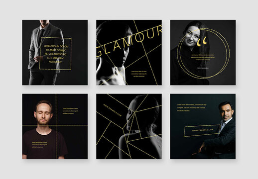Social Media Layouts with Gold Shaped Overlays