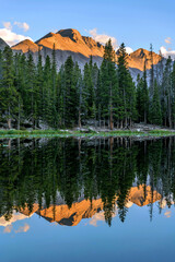 Longs Peak at Nymph Lake - Majestic Longs Peak, with golden sunset light shining on its top, reflected in blue Nymph Lake on a calm summer evening, Rocky Mountain National Park, Colorado, USA.