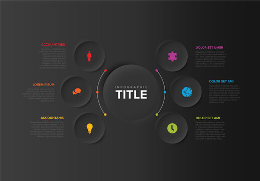 Simple Dark Infographic with Big Center Circle and Six Small Icon Elements