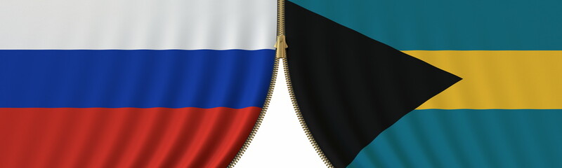 Russia and Bahamas cooperation or conflict, flags and closing or opening zipper between them. Conceptual 3D rendering