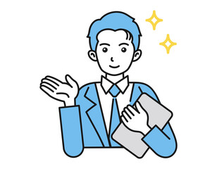 案内・説明をする男性　ビジネスパーソン　白背景にベクターの人物イラスト