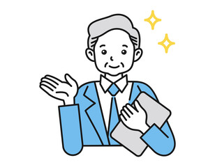 案内・説明をする年配の男性　ビジネスパーソン　白背景にベクターの人物イラスト