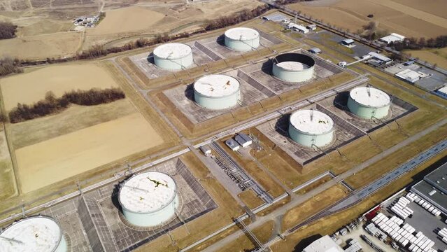 Aerial view of filled fuel reservoir tanks in Austria, Europe.