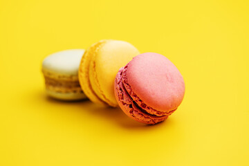 Sweet colorful macarons. Traditional french macaroons. Tasty dessert