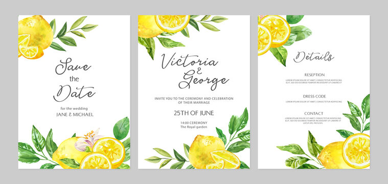Watercolor hand painted botanical lemon branches and fruits. Watercolor illustrations isolated on white background, premade wedding invitation, save the date frame template 