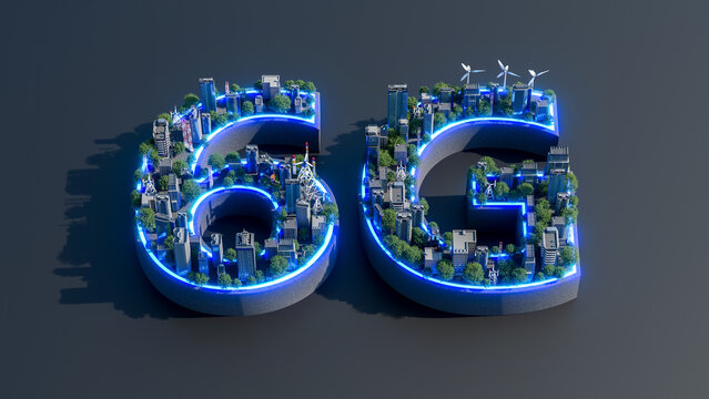 6G new generation networks, High-speed mobile Internet. 3D render of 6G with commercial building in blue light.