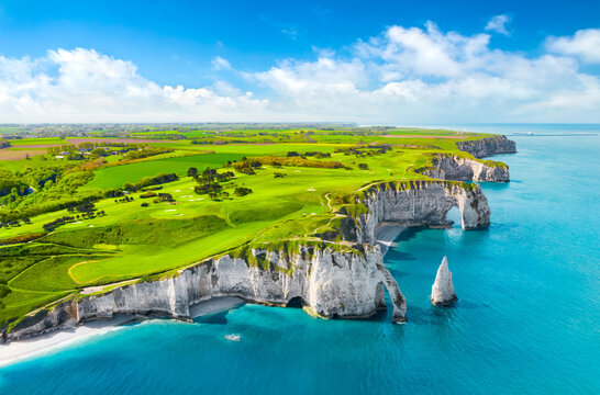 Picturesque panoramic landscape on the cliffs of Etretat. Natural amazing cliffs. Etretat, Normandy, France