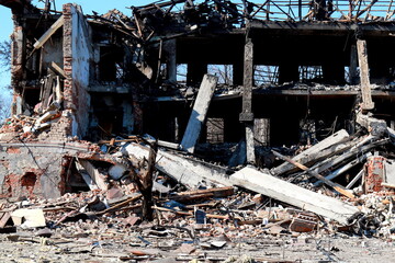 Destroyed and burnt out civilian building after rocket attack of Russian plane in Ukrainian city Dnipro. Russia war in Ukraine, shelling, destruction of houses. Ukraine