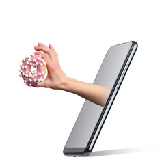 hand holds an appetizing doughnut sticking out of the smartphone screen. online shopping concept