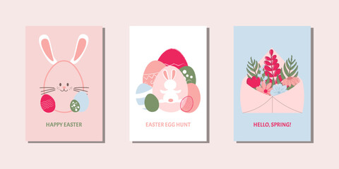 Set of easter cards in pink,green and blue with bunny,flowers and eggs. Greeting spring.Egg hunt.