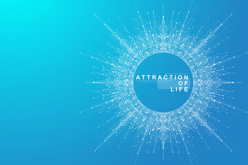 Attraction of life. Colorful abstract small particles and lines under high speed of motion. Circular explosion backdrop. Burst tech particles. Vector illustration
