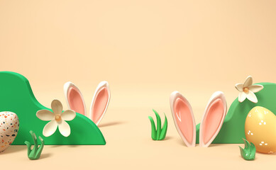Easter holiday theme with decorations and rabbit ears - 3d render
