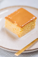 Dessert Called Tres Leches, traditional Albanian dessert made from biscuit, milk and caramel sauce. Served on bright background with golden spoon