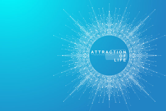 Attraction of life. Colorful abstract small particles and lines under high speed of motion. Circular explosion backdrop. Burst tech particles. Vector illustration