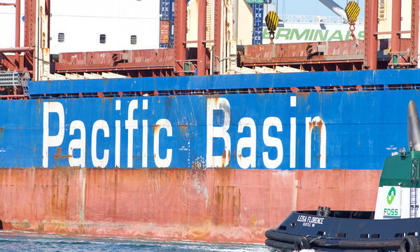 Oakland, CA - March 10, 2022: Pacific Basin Bulk Carrier JAMES BAY entering the Port of Oakland. Pacific Basin operates one of the largest fleets of handy size and supramax vessels globally.