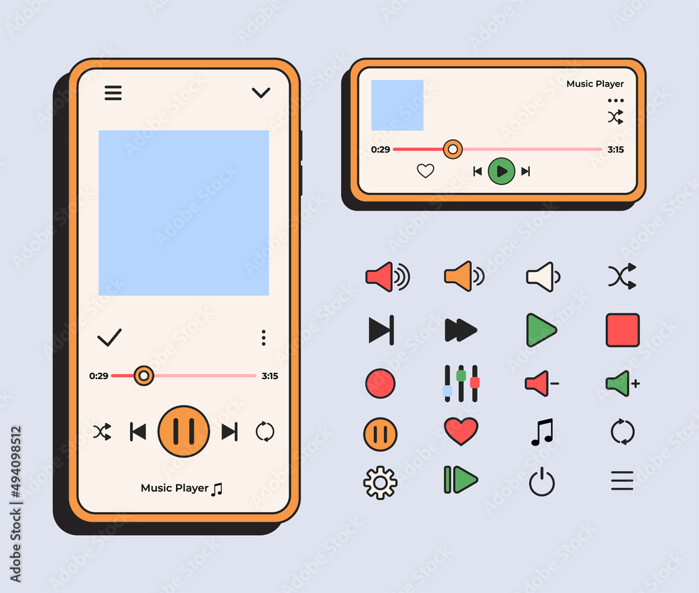 Wall mural retro music player elements with icon.music display theme: music platform sample, interface