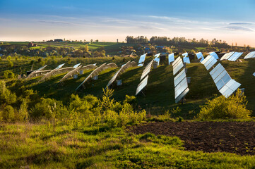 solar panels on the wavy hills, illustration of alternative energy