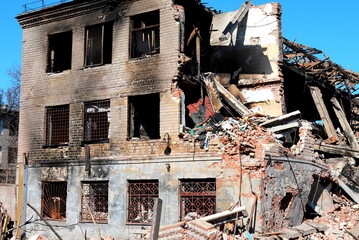 Destroyed and burnt out civilian building after rocket attack of Russian plane in Ukrainian city Dnipro. Russia war in Ukraine, shelling, destruction of houses. Ukraine