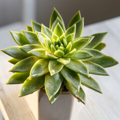 Echeveria in a beautiful ceramic pot on a beige table in the kitchen as an interior decoration...